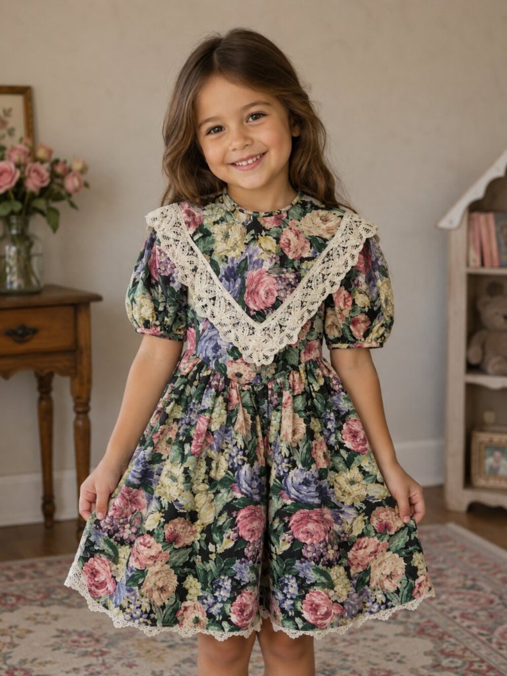 Vintage 90’s Black Multicolor Long Floral Holiday Dress Nicole Girls Size 8